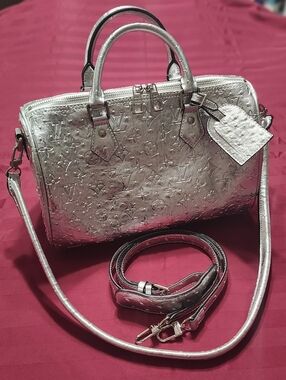 NEW Designer Monogram Speedy Metallic Ostrich Silver Handbag LV MUST HAVE